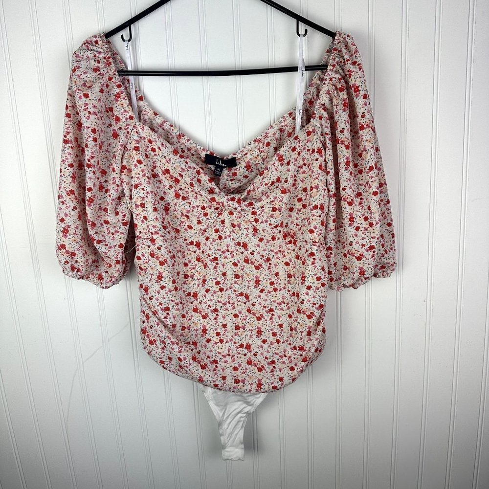 NWT Lulus Beautiful Hues Ivory Floral Print Puff Sleeve Ruched Bodysuit‎ XL